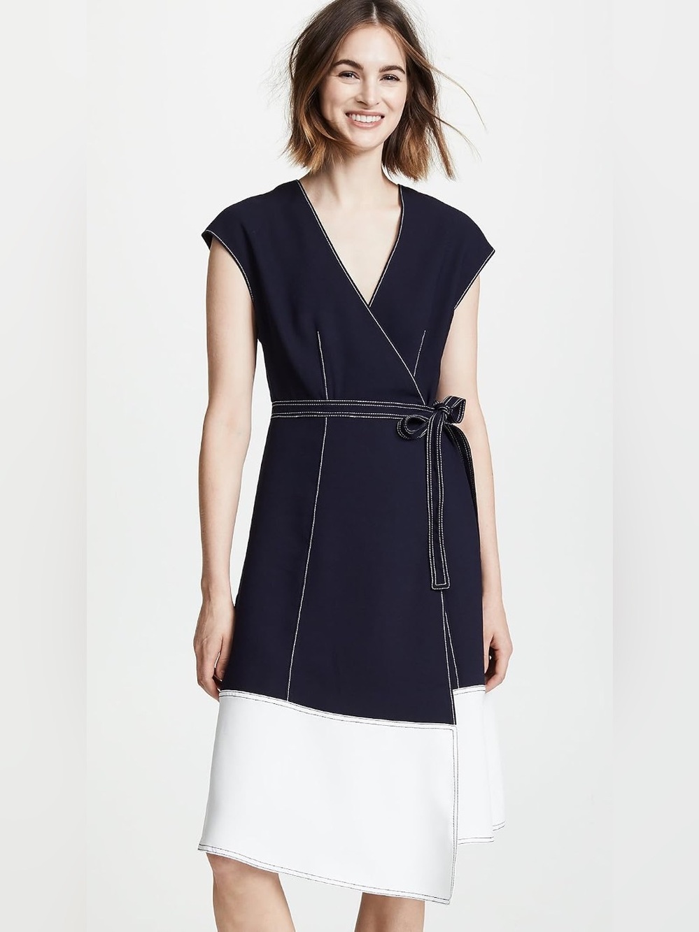 Joie Navy and White Contrast-Trim Wrap Midi Dress
